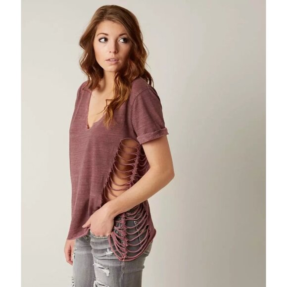 Gimmicks Exclusive Washed Mauve Raw Hem V-Neck Side Cutouts & Strappy Back Top - Picture 2 of 15